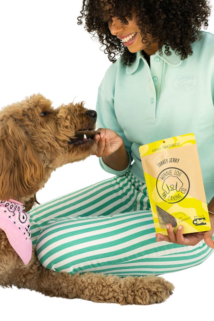 Dog with Winnie Lou Turkey Jerky treats