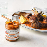 Roasted Red Pepper & Feta Dip with grilled lamb chops and lemon wedges