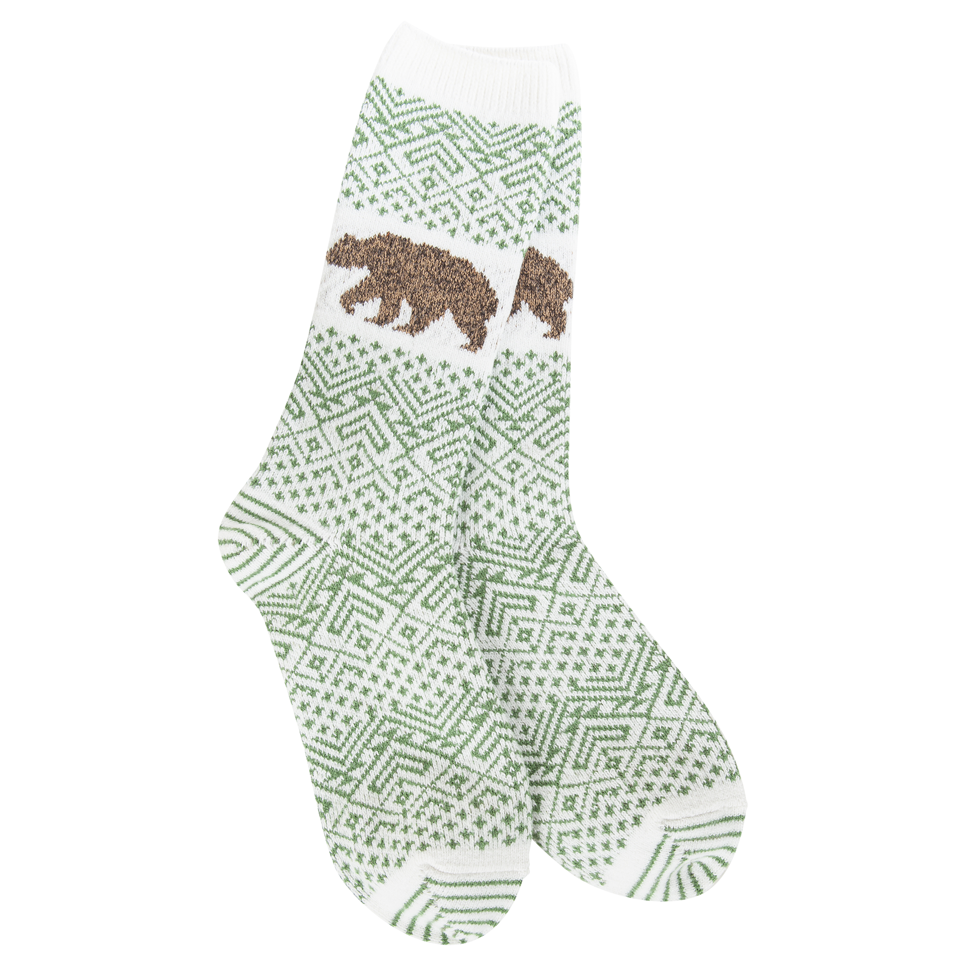 World's Softest Nature Walk Crew socks in Green with moose and bear pattern