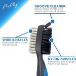 Golf club brush head with wire bristles, nylon bristles and metal groove pick