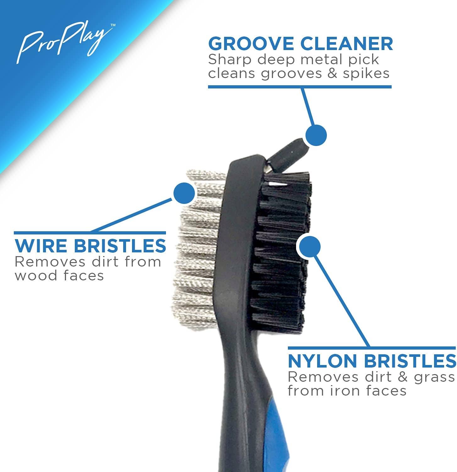 Golf club brush head with wire bristles, nylon bristles and metal groove pick