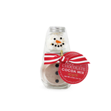 Glass snowman jar filled with hot cocoa mix and marshmallows, wearing a red and white striped scarf