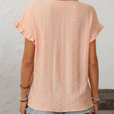 Dark Blue Solid Color Crewneck Sweet Short-Sleeve Hollow-Out Top