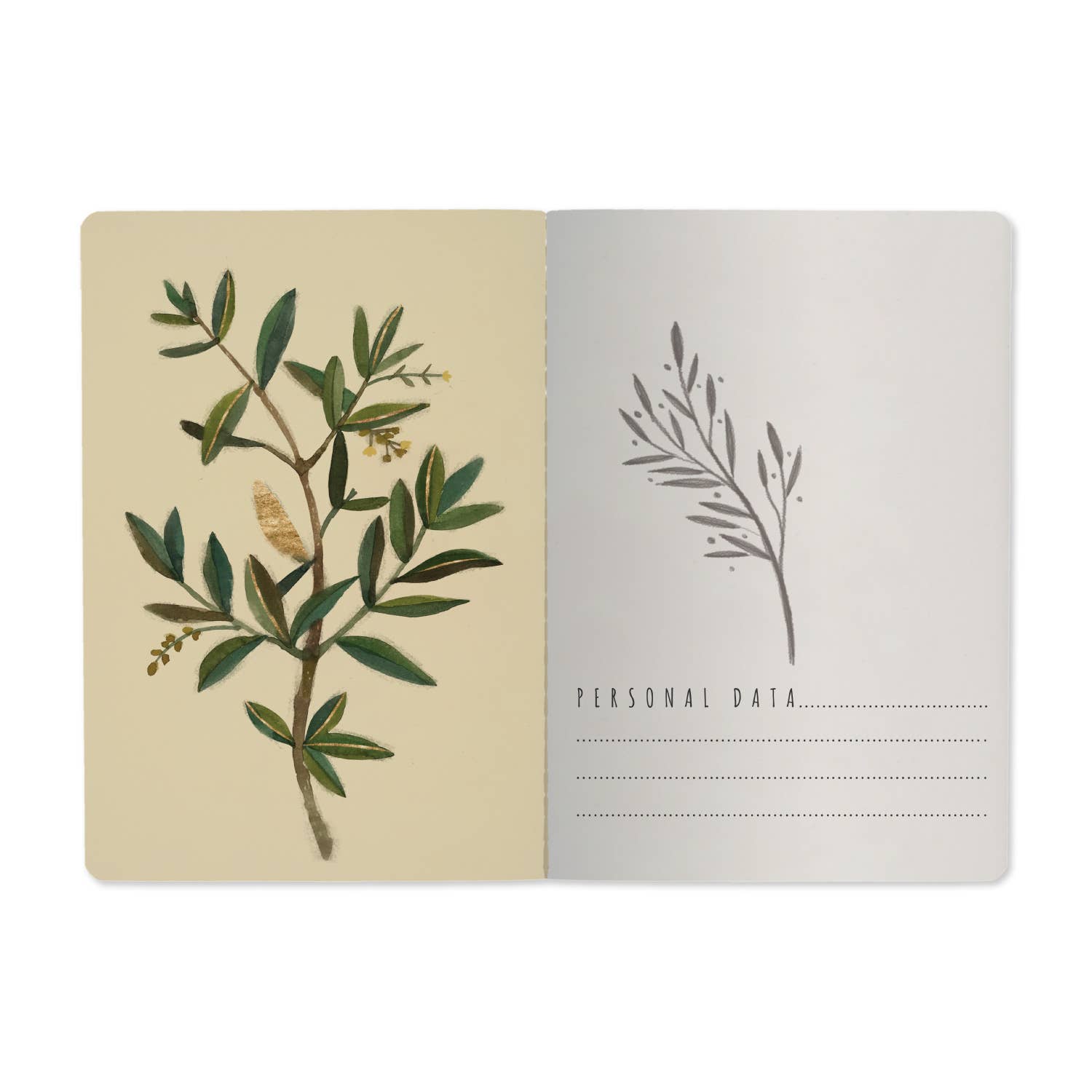 A5 soft-touch notebook with an olive branch cover design, detail view