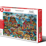 Bathtub Beach 1,000-piece jigsaw puzzle box showing a whimsical, colorful seaside village with palm trees, cottages and vintage cars