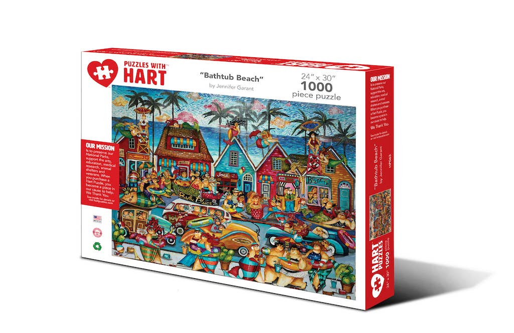 Bathtub Beach 1,000-piece jigsaw puzzle box showing a whimsical, colorful seaside village with palm trees, cottages and vintage cars