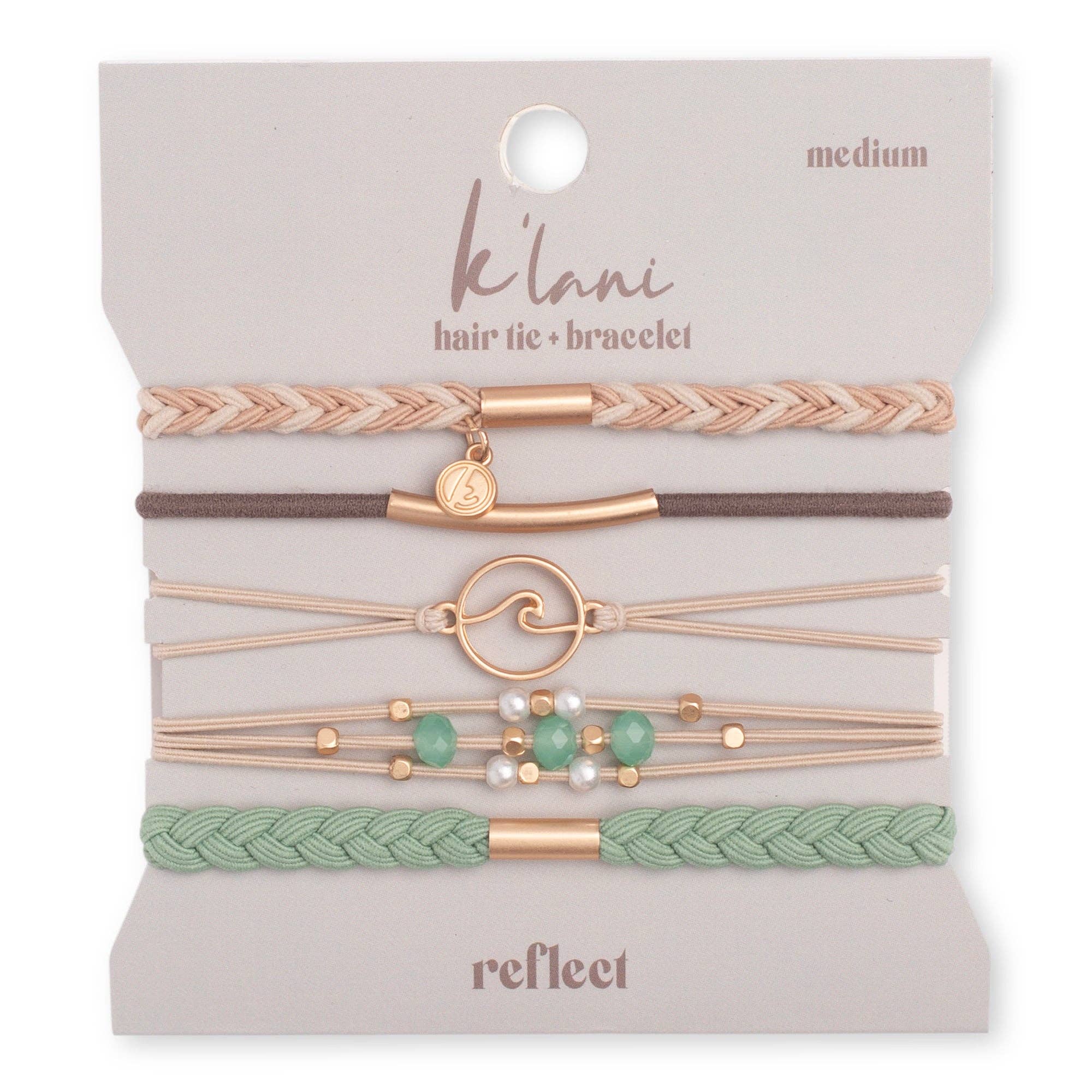 Reflect hair tie bracelet set in beachy neutrals and green with gold wave charm