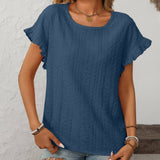 Dark Blue Solid Color Crewneck Sweet Short-Sleeve Hollow-Out Top