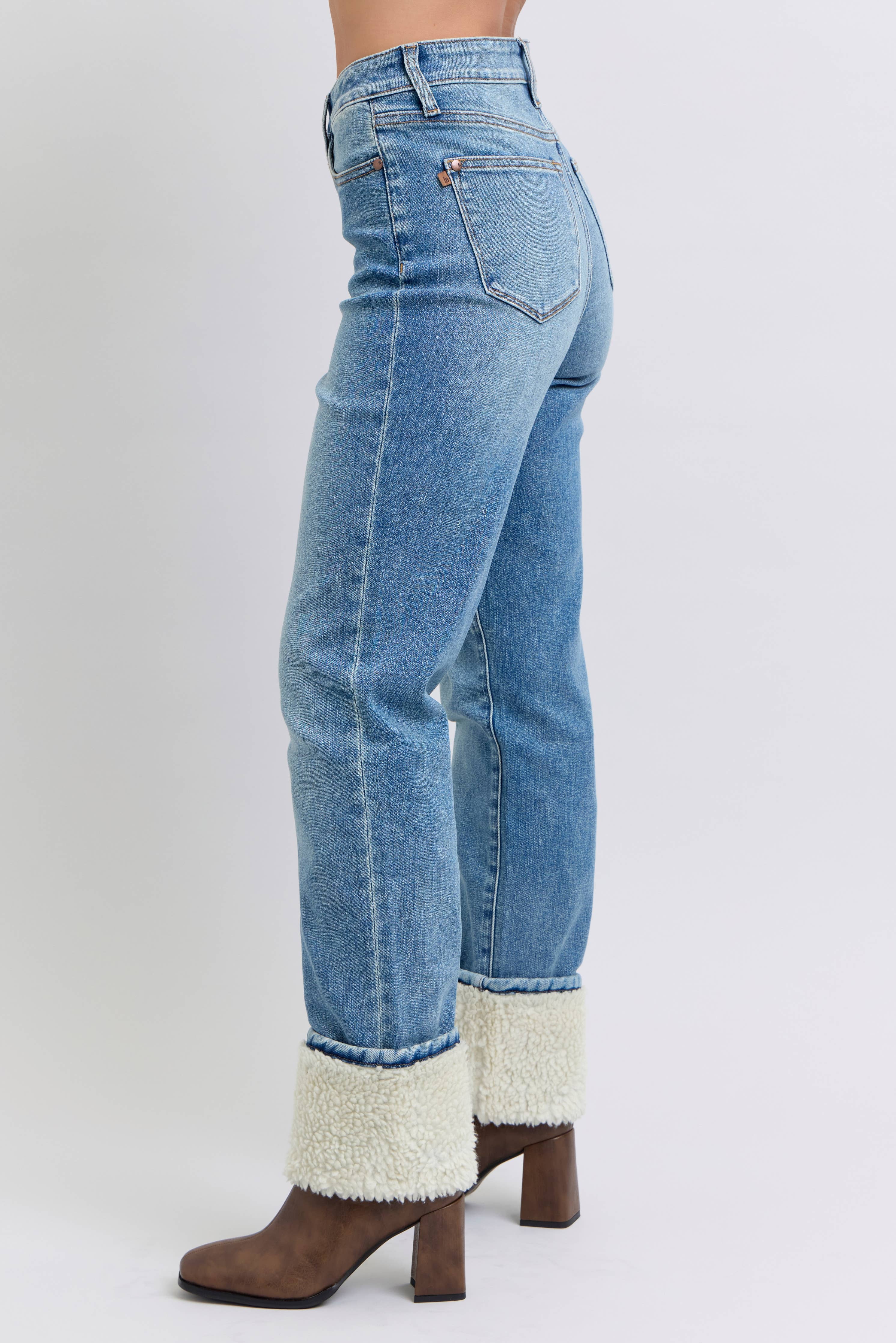 Judy Blue shearling cuff high waist straight jeans in medium wash