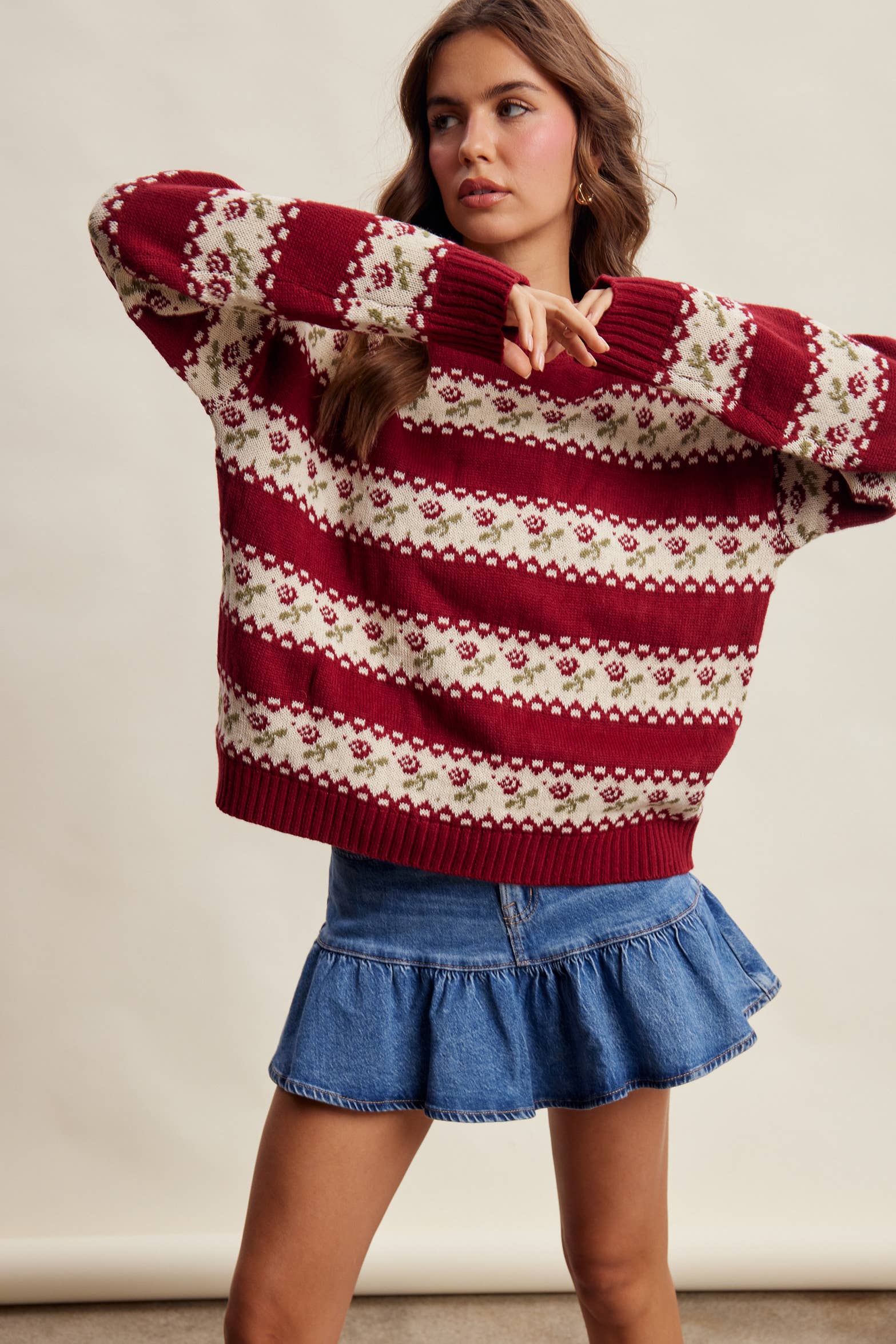Floral Fair Isle Knit Sweater in Ruby – 3