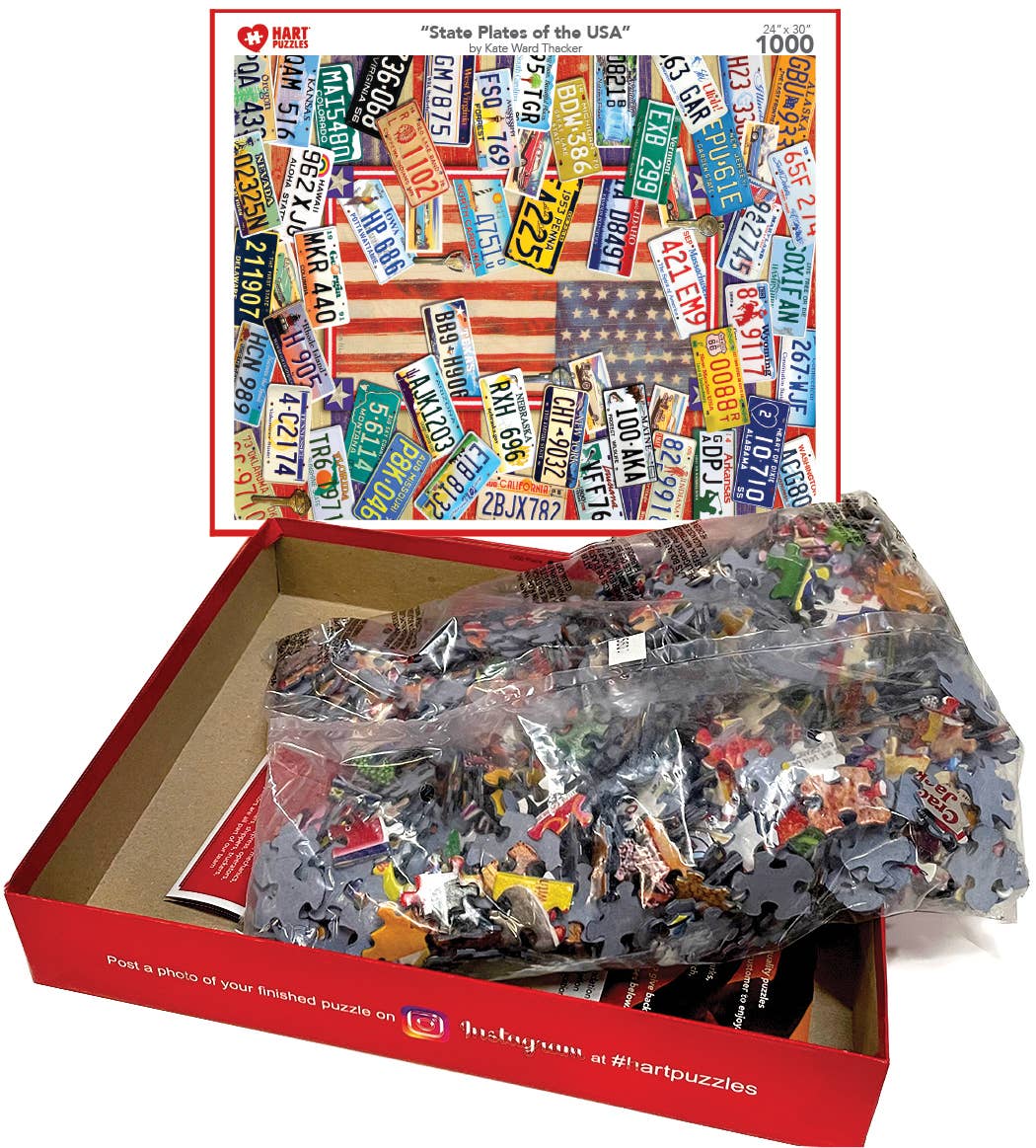 State Plates of the USA puzzle box opened with bagged pieces and the finished image on the lid