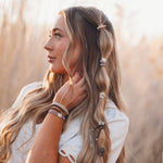 Faith hair tie bracelet set in tan and brown with gold beads and cross charm, view 2