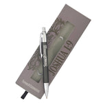 Strong and Courageous gift pen shown inside its gray gift box