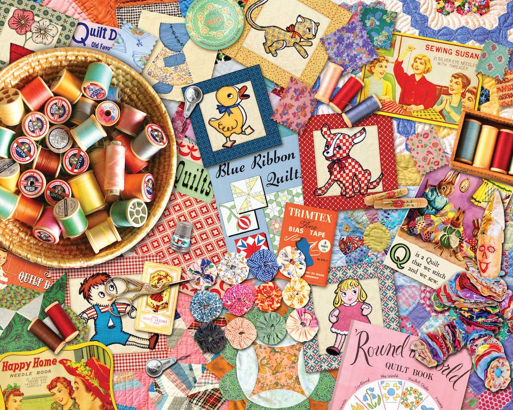 Completed Quilter's Stash 1,000-piece jigsaw puzzle: spools of thread, fabric scraps, quilt blocks and vintage sewing notions