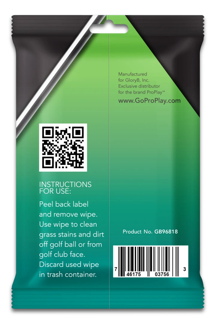 Back of golf ball and club cleaning wipes pack with instructions