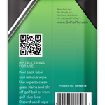 Back of golf ball and club cleaning wipes pack with instructions