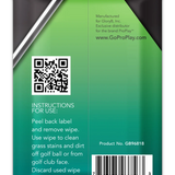 Back of golf ball and club cleaning wipes pack with instructions