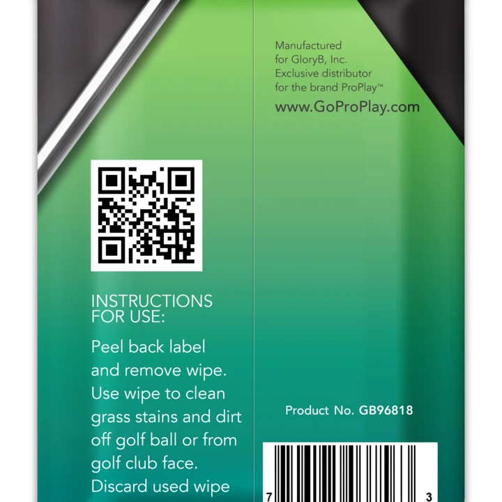 Back of golf ball and club cleaning wipes pack with instructions