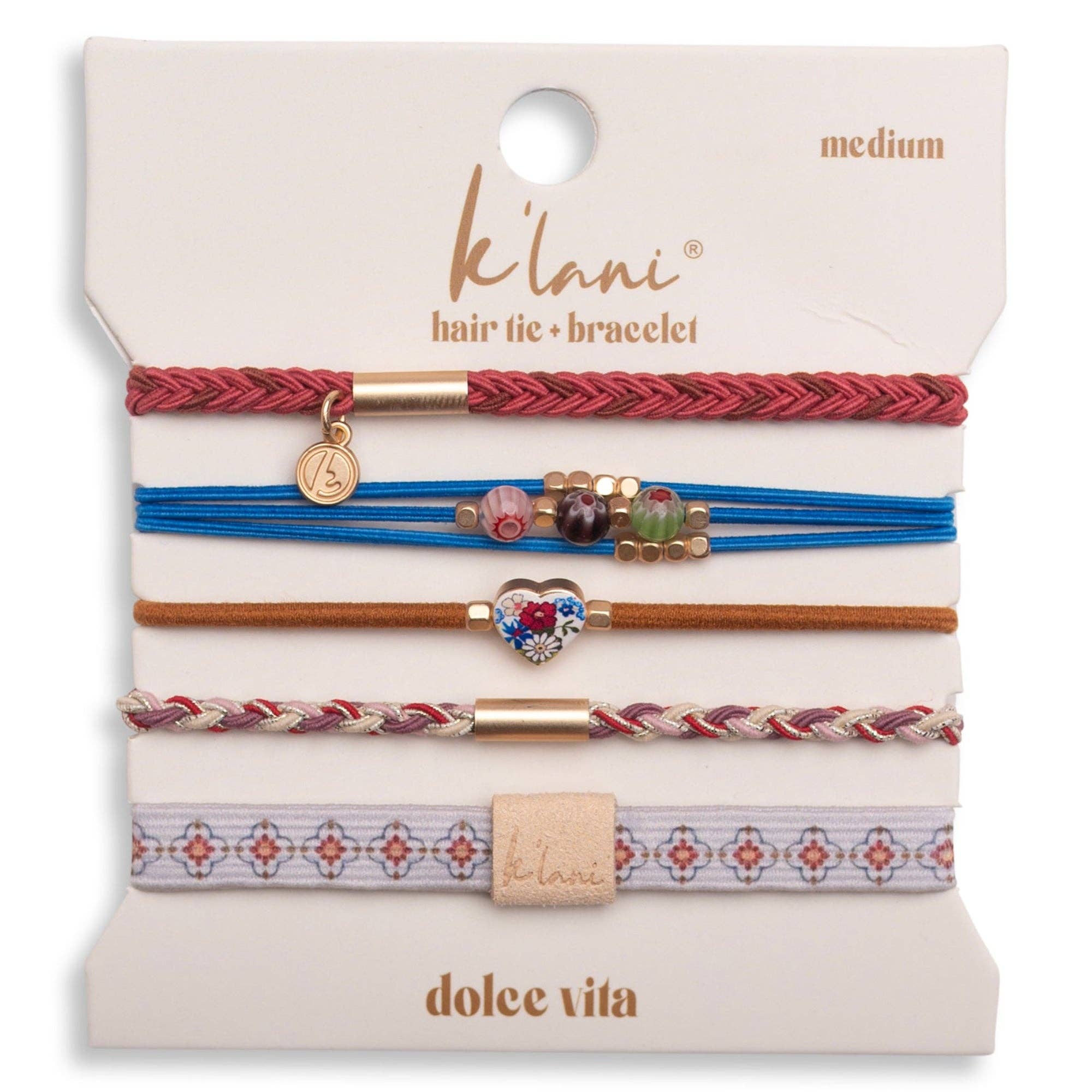 Dolce Vita hair tie bracelet set with floral glass beads and gold heart charm