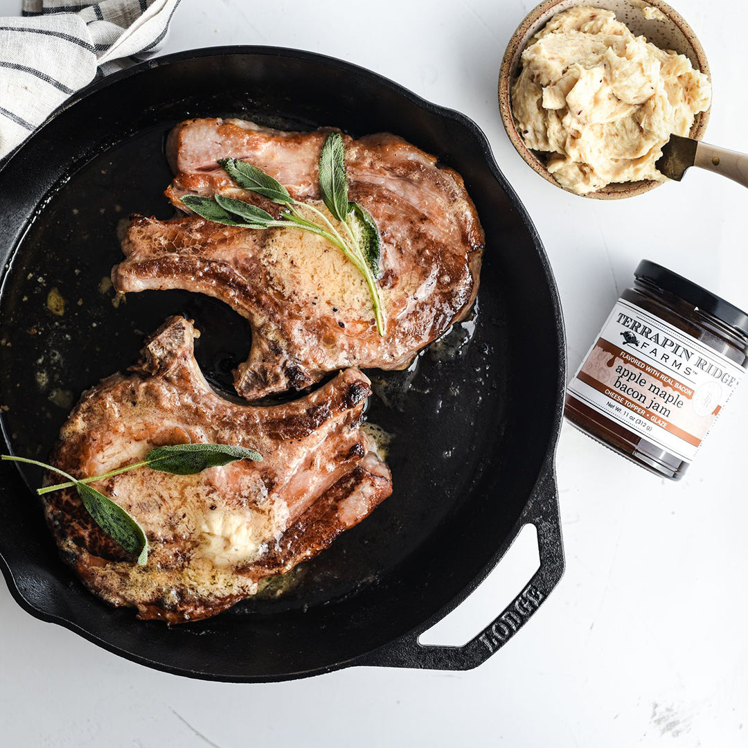 Sage pork chops with mashed potatoes and Apple Maple Bacon Jam