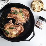 Sage pork chops with mashed potatoes and Apple Maple Bacon Jam