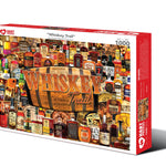 Whiskey Trail 1,000-piece jigsaw puzzle box showing a collage of whiskey, bourbon and scotch bottles around a wooden barrel