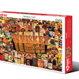 Whiskey Trail 1,000-piece jigsaw puzzle box showing a collage of whiskey, bourbon and scotch bottles around a wooden barrel