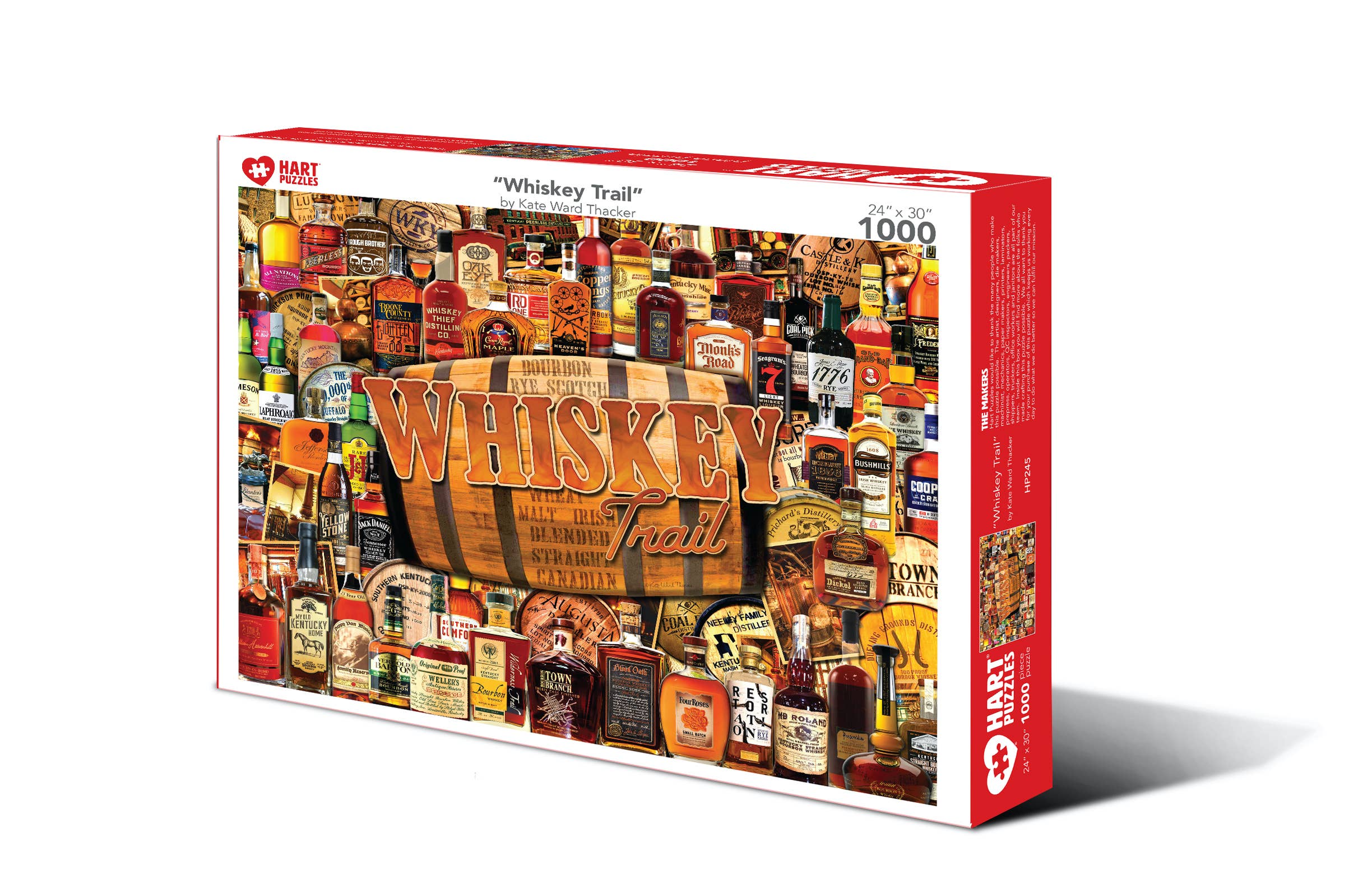 Whiskey Trail 1,000-piece jigsaw puzzle box showing a collage of whiskey, bourbon and scotch bottles around a wooden barrel