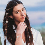 Wonder hair tie bracelet set in cream and blue with pearls and moon and stars charm, view 5