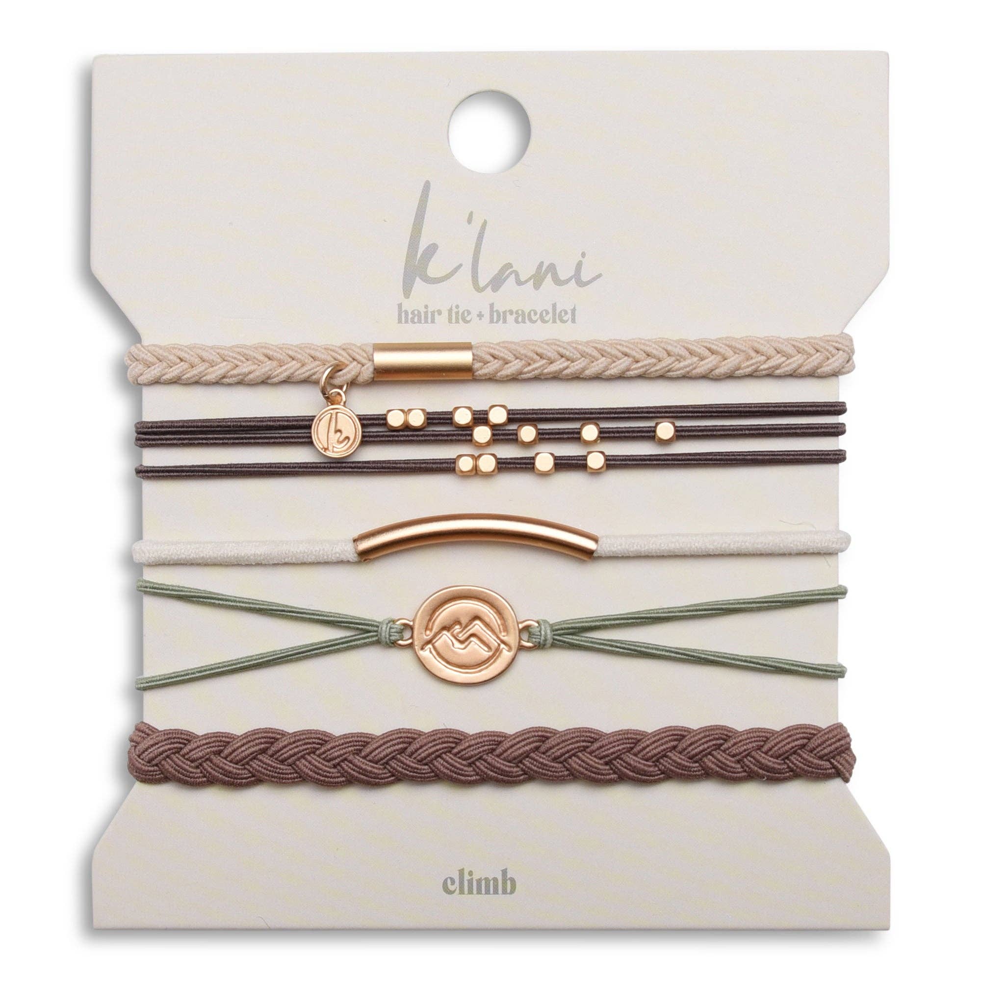 Climb hair tie bracelet set in brown, cream and green with gold mountain charm
