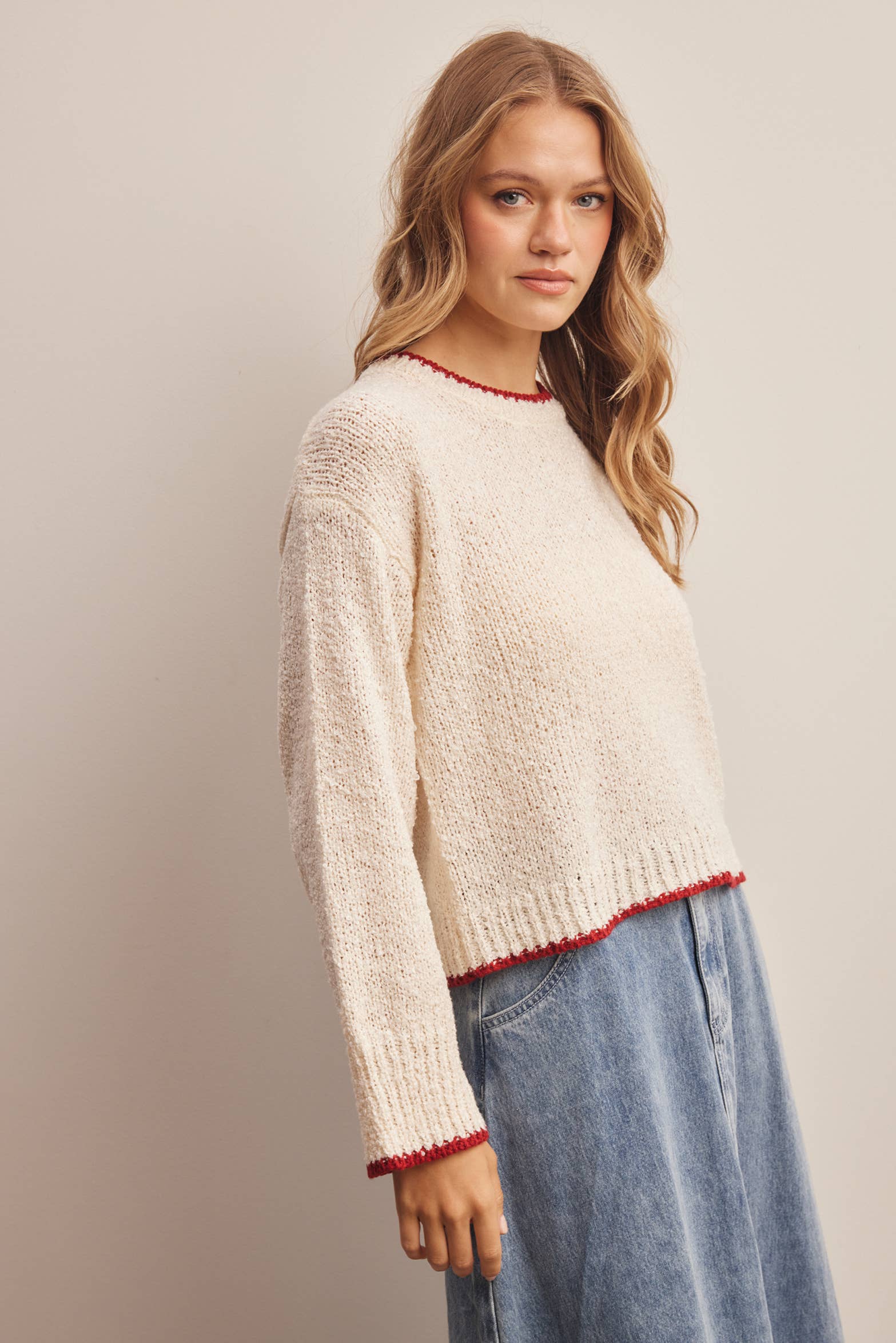 Contrast Trim Bouclé Sweater in Ivory – 6