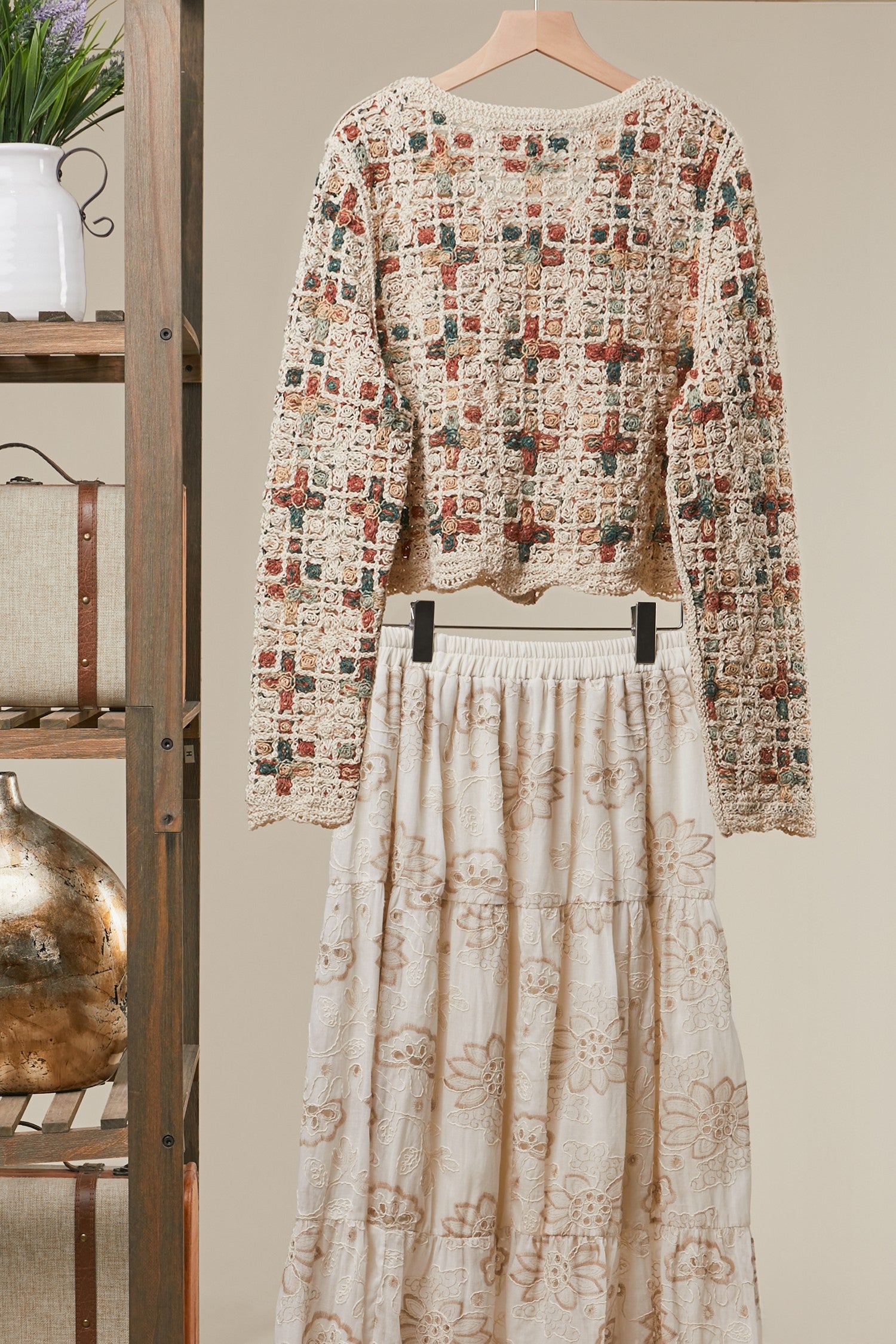 Boho Patchwork Crochet Button Cardigan in Ivory - back view