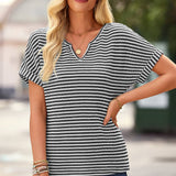 Stripe Textured Notched Neck Cuffed Short Sleeve Top