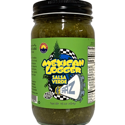 Jar of Mexican Logger salsa verde, made in Colorado