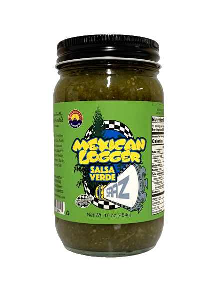 Jar of Mexican Logger salsa verde, made in Colorado