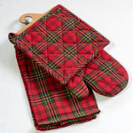 Red and green plaid quilted oven mitt, potholder and towel
