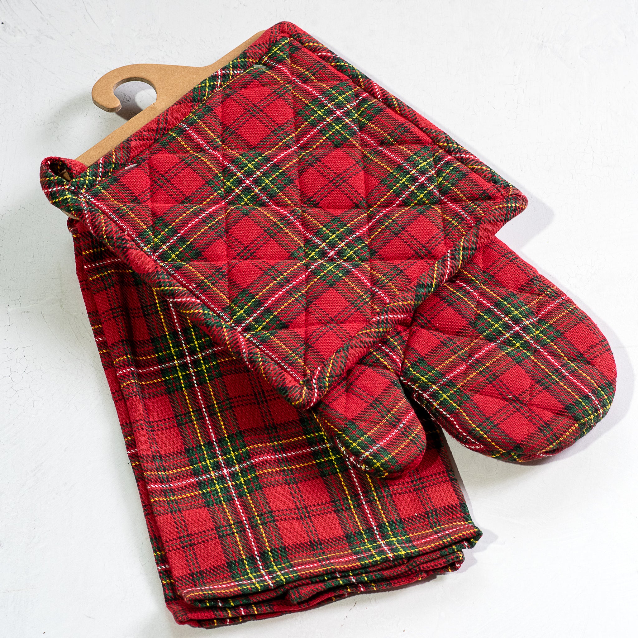 Red and green plaid quilted oven mitt, potholder and towel