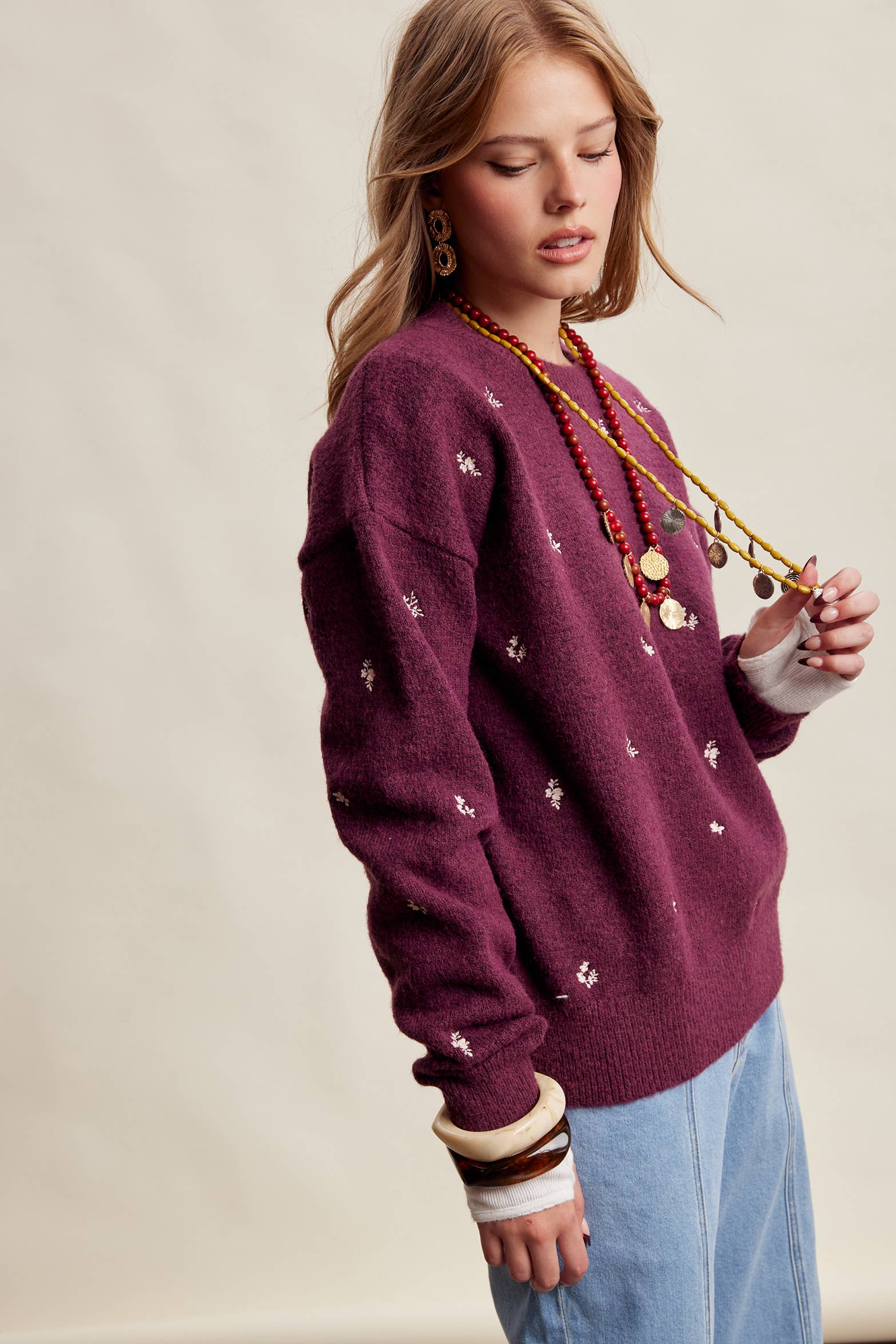 Women's Embroidered Dot Sweater in Plum – 6