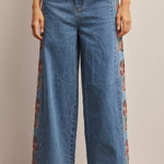 Floral side panel wide-leg denim jeans in washed denim - front view