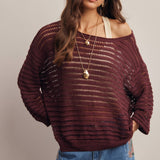 Open-Knit Stripe Sweater Top in Burgundy – 1