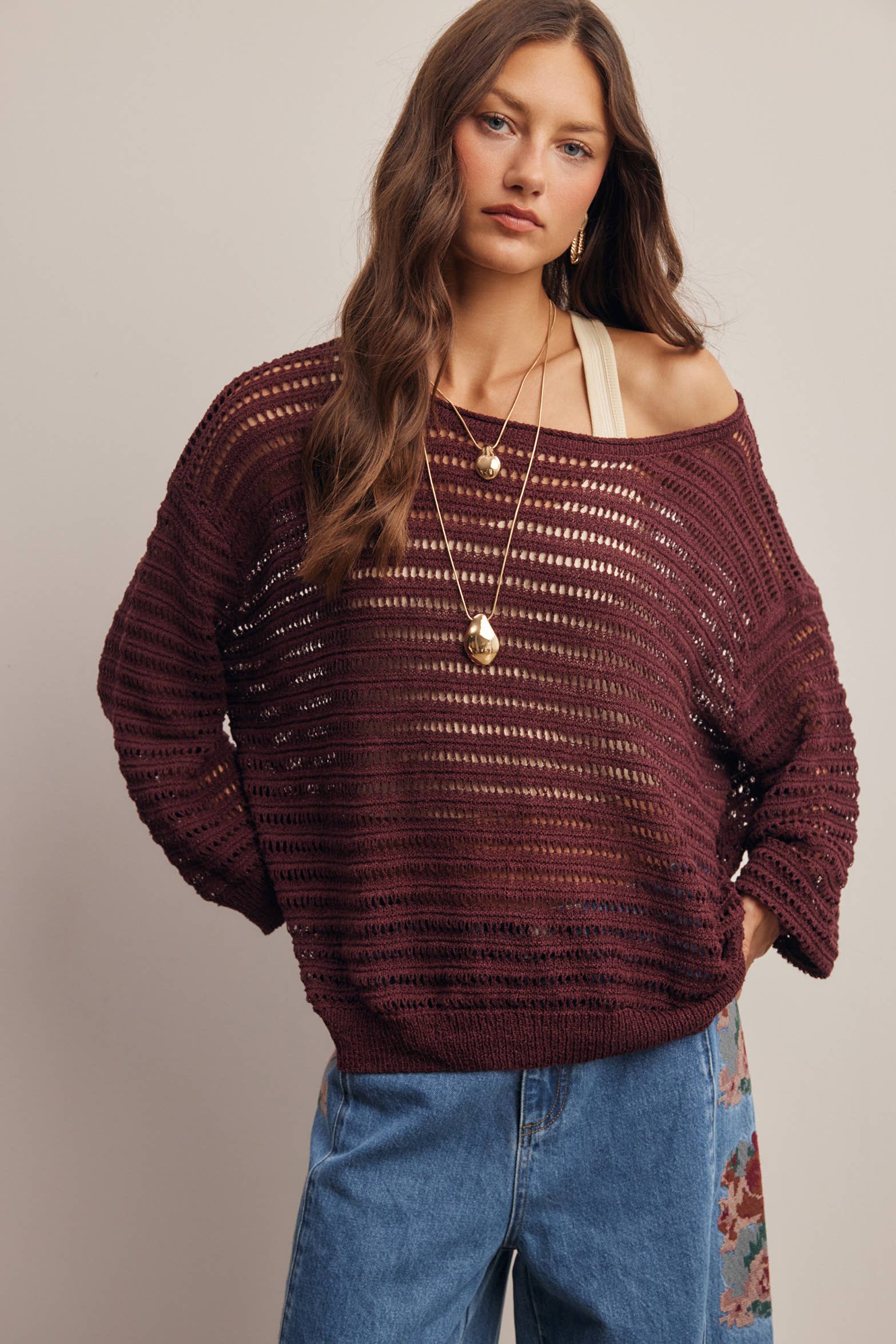 Open-Knit Stripe Sweater Top in Burgundy – 1