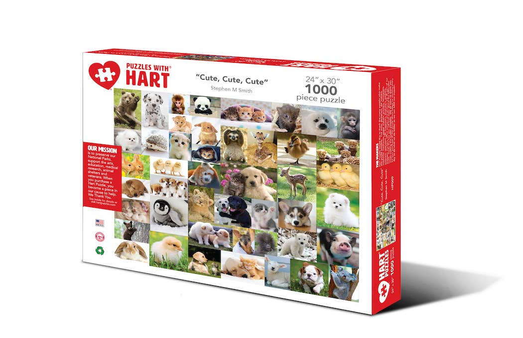 Cute, Cute, Cute 1,000-piece jigsaw puzzle box showing a photo grid of adorable baby animals including puppies, kittens and ducklings