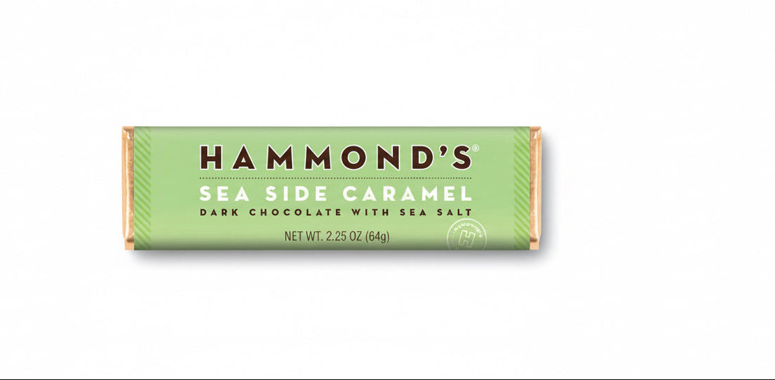 A package of Hammond's Natural Sea Side Caramel Dark Chocolate Candy Bar, 2.25oz size, with sea salt added.