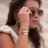 Rise hair tie bracelet set in cream and tan with gold sunrise charm, view 6