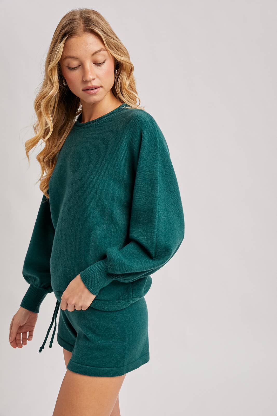 Hunter green ribbed knit lounge sweater and matching shorts