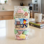 Bag of salt water taffy with a 'Colorado Sasquatch Search Team' label.