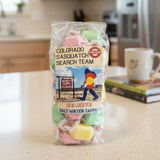 Bag of salt water taffy with a 'Colorado Sasquatch Search Team' label.