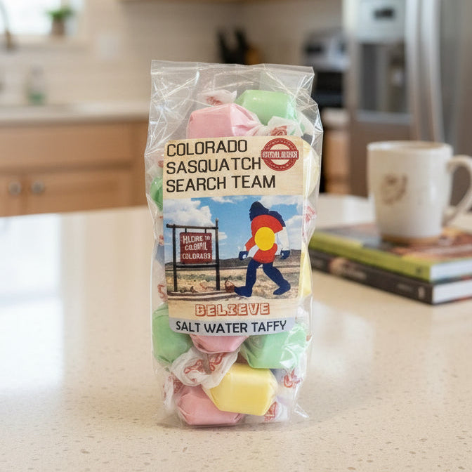 Bag of salt water taffy with a 'Colorado Sasquatch Search Team' label.