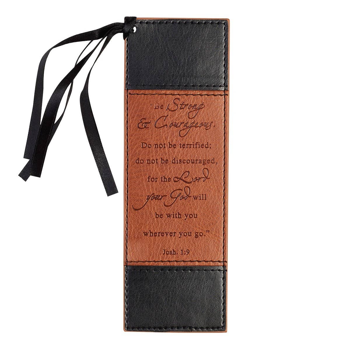 Be Strong and Courageous black and tan faux leather bookmark with Joshua 1:9