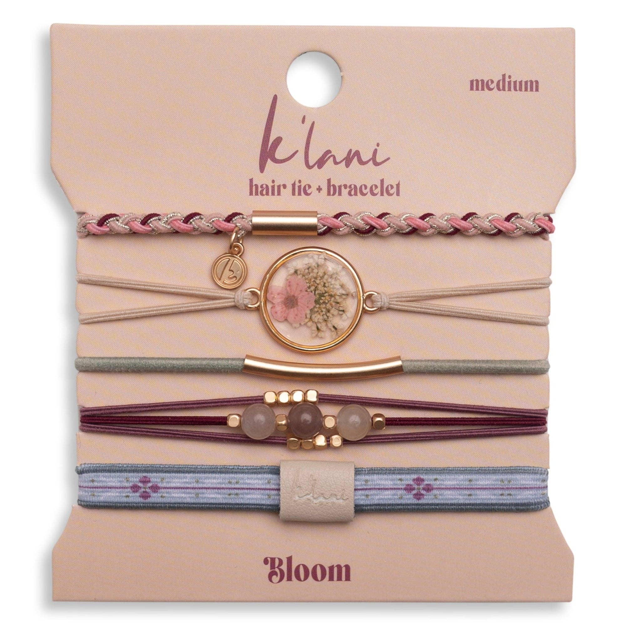 Bloom hair tie bracelet set in pink, maroon and green with pressed flowers